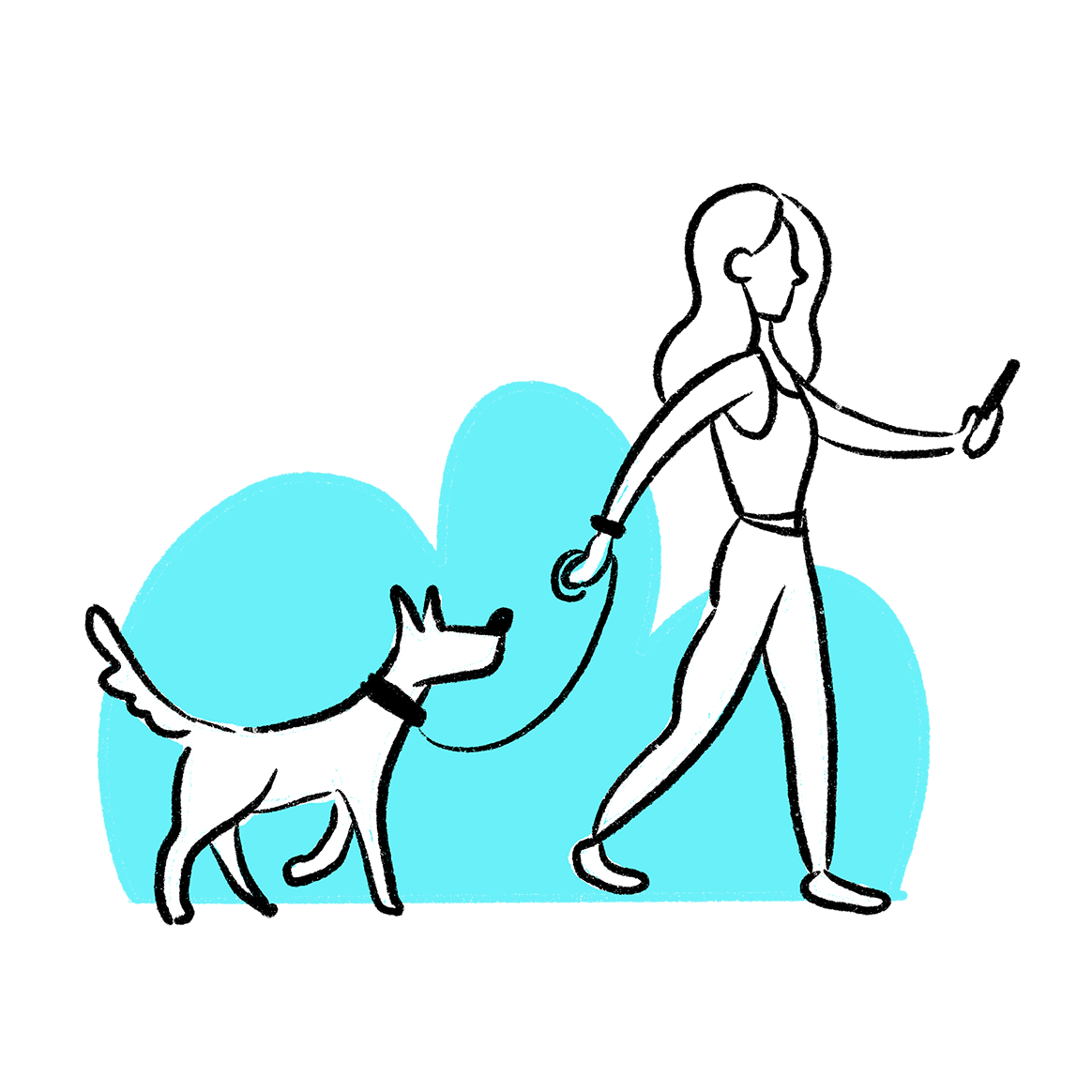 An example of a spot illustration, a female figure walking a dog