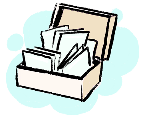 Hand-drawn illustration of an index card box holding some images, visually describing the Presentation pack