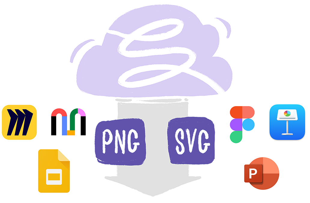 Hand-drawn picture of the StorytellerSketches website depicted as a cloud, with PNG and SVG icons descending from the cloud to be used in a variety of software