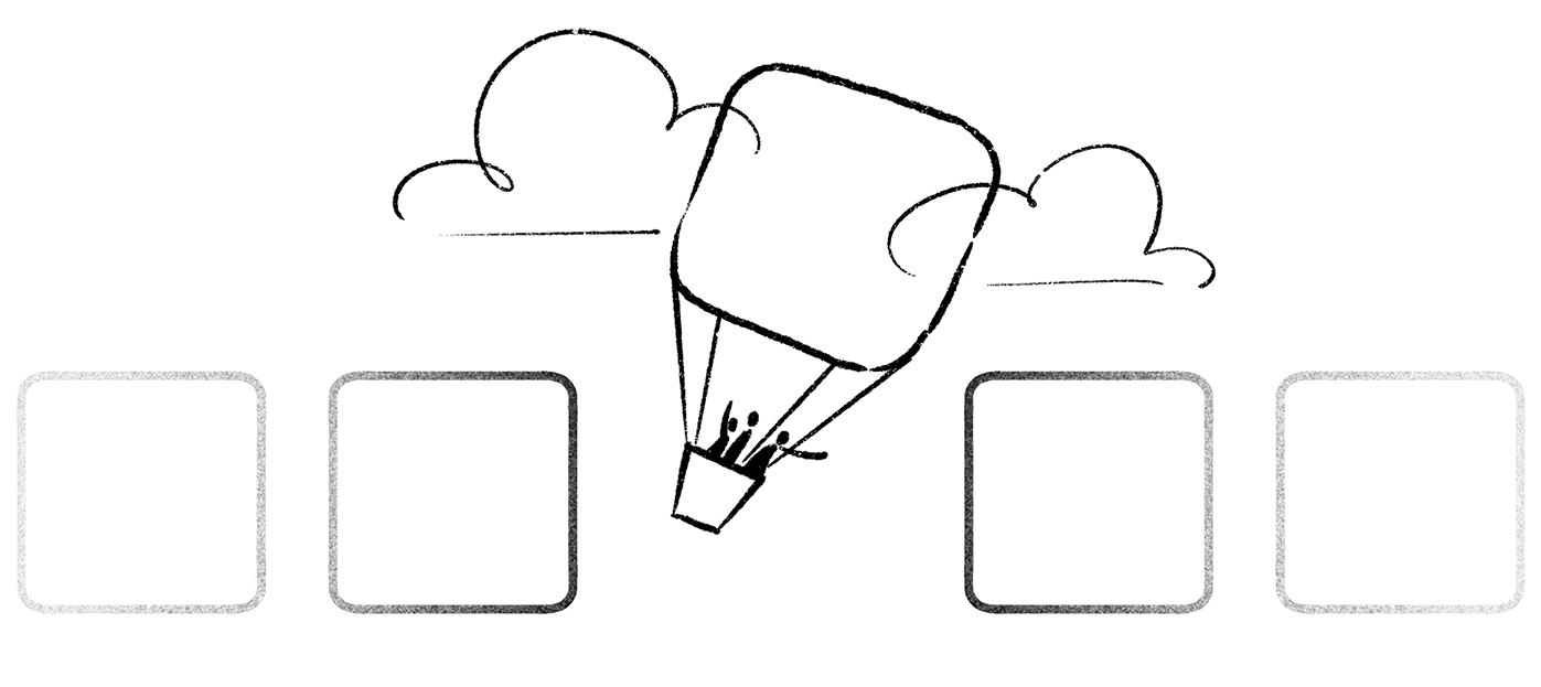 A picture of several rounded squares in a row, but one is hand-drawn and rising above the others as a hot ait balloon, symbolising the elevated attention and engagement that hand-drawn images provide